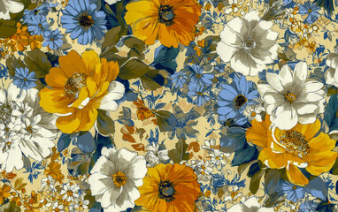 Vintage yellow, blue, and orange floral pattern with white flowers on a cream background