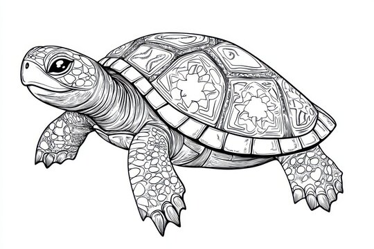 Detailed monochrome illustration of a turtle with intricate shell design