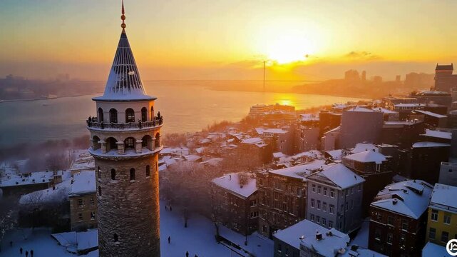 A stunning view of the Galata Tower under the snow, captured by a drone. In the background, the misty landscape of the Bosphorus and snowflakes falling into the water are seen.