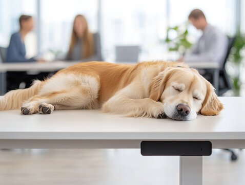 Relaxing dog sleeping on office desk modern workspace pet photography calm environment adorable view