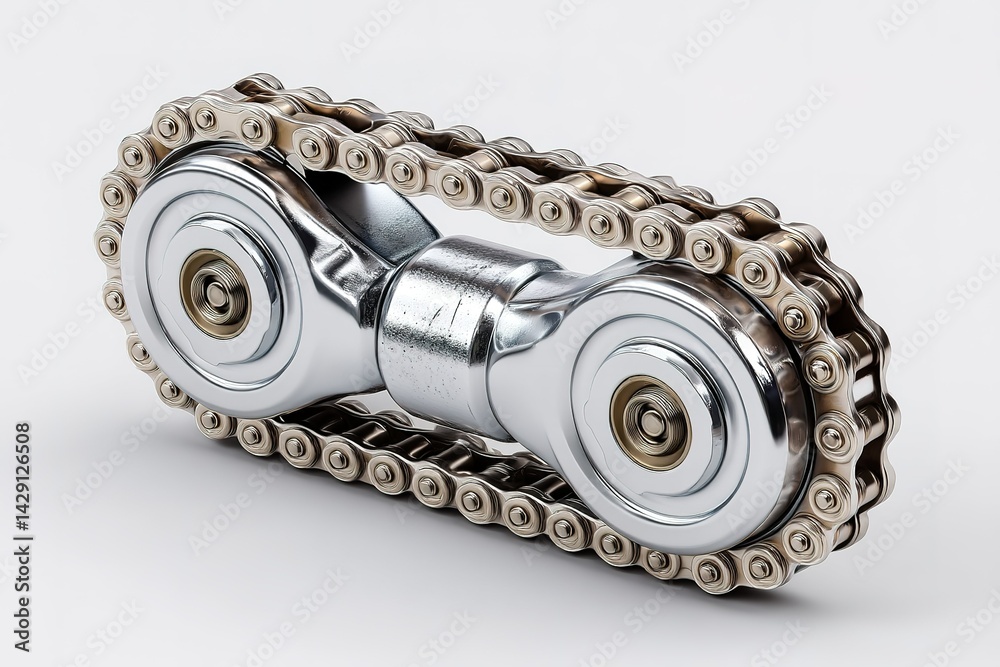 Poster close-up of a chrome bicycle chain link showcasing intricate metalwork and precision engineering for