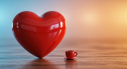 Fototapeta premium A glossy red heart with a tiny coffee cup set against a dreamy bokeh background evokes romance and quiet moments of love