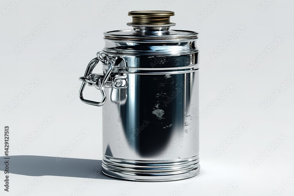 Poster shiny metal container with a secure latch on a light background displaying modern design and craftsm