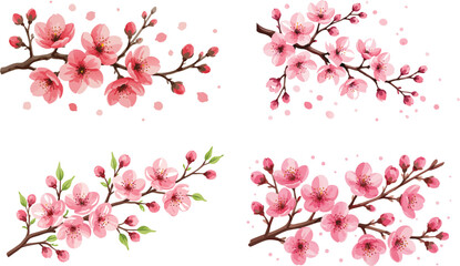 Naklejka premium Watercolor cherry blossom branch clipart set illustration