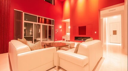 Modern living room with crimson accent wall and cream furnishings. Minimalist elegance in a warm, uncluttered space.