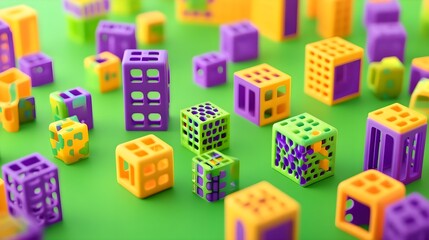 Colorful plastic crates arrangement studio space creative design flat perspective modern concept