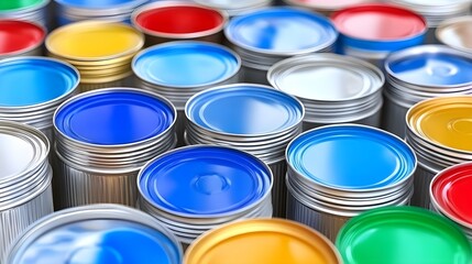Fototapeta premium Colorful paint cans arrangement art studio product photography creative workspace aerial view visual design