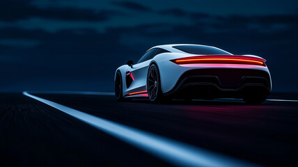 Naklejka premium futuristic concept car with sleek lines and glowing accents is showcased against dark, moody backdrop, emphasizing its modern design and innovative features