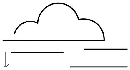 Fototapeta premium Cloud graphic with horizontal lines and downward arrow symbolizing hosting, data sharing, or upload. Ideal for cloud storage, computing, internet, backup, transfer, communication and upload themes