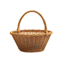 Obraz premium Empty light brown wicker basket with handle, ready for use.