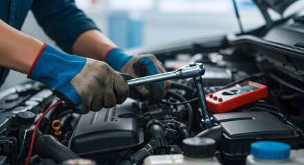 Fototapeta premium Mechanic Working on Car Engine Repairing with Wrench and Multimeter Wearing Blue Gloves in Garage Under Bright Lighting