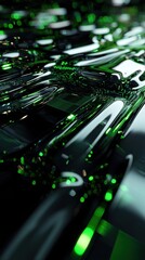 A green and black image of a building with a lot of reflections