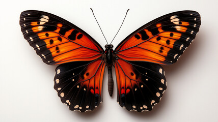 Obraz premium stunning butterfly with vibrant orange and black wings, showcasing intricate patterns and details, resting on white background. Its beauty captivates and inspires awe