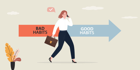 Confident businesswoman leave old habits zone. Bad habits and good habits choice, Choose a new direction, make a choice concept. Woman change lifestyle, start a new life