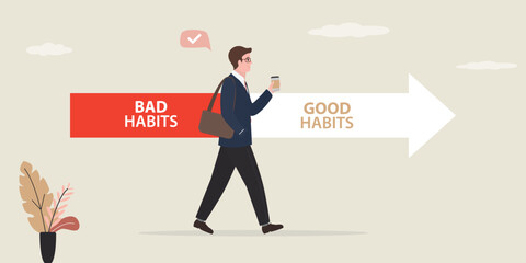 Confident businessman leave old habits zone. Bad habits and good habits choice, Choose a new direction, make a choice concept. Change lifestyle, start a new life.