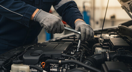 Mechanic Hands Repairing Car Engine with Wrench in Auto Garage Automotive Maintenance