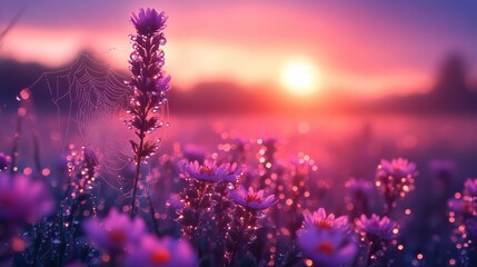 Sparkling dew drops clinging to the delicate webs of spiders in a misty meadow