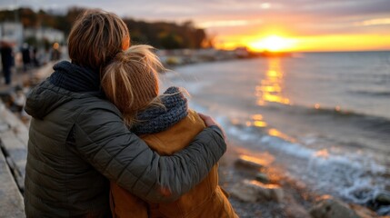 Elderly Couple Sitting Hugging and Watching Sunset by the Seashore at Dusk