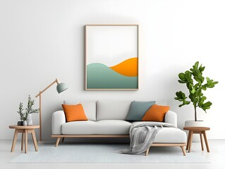 A serene and inviting living space featuring a cozy L shaped sectional minimalist Scandinavian style furnishings and natural lighting that creates a harmonious and relaxing atmosphere