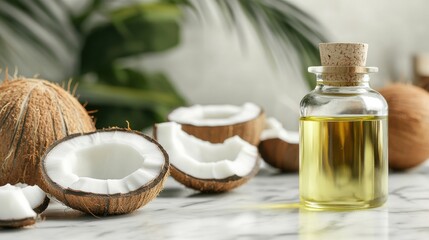 Glass bottle of coconut oil with fresh coconut pieces on a marble surface and green background