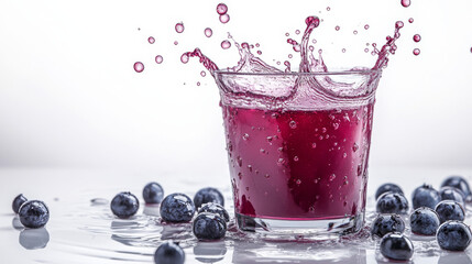Acai juice splashing vividly against a white backdrop, illustrating a nutritious fruit beverage