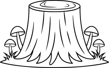 Outlined Tree Stump with Mushrooms and Grass in Black and White