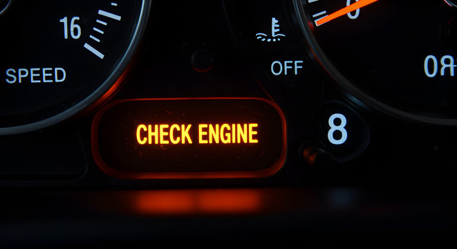 Illuminated Check Engine Light Displayed on a Car Dashboard for Automotive Maintenance