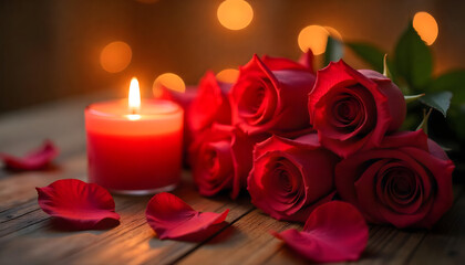 Roses and Candle on Wooden Table Romantic Setting