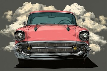 Vintage Pink Classic Car Front View Against Cloudy Background