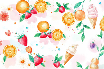 Cute pattern with oranges, strawberries, and ice cream cones in watercolor on white background, horizontal image.