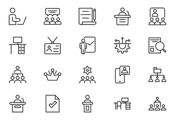 Workshop line icon set. Business Workshop icons for web and mobile app. Containing team building, teamwork, coaching, meeting, managing, coaching, motivation and more