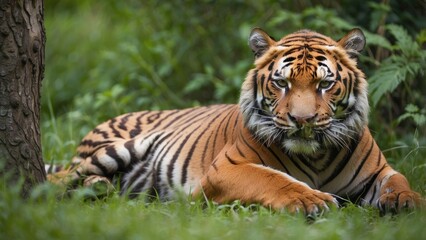 Fototapeta premium Majestic Bengal Tiger Resting in Wild Jungle Habitat