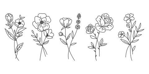 Set of Delicate Floral Bouquet Line Art