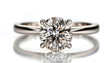 Close-up of a diamond ring with realistic reflections and sharp details, isolated on white background