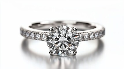 Close-up of a diamond ring with realistic reflections and sharp details, isolated on white background