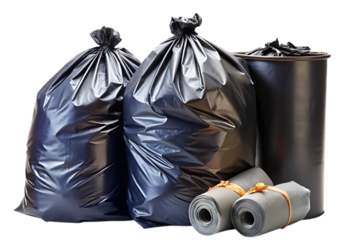 png garbage in black trash bag and three rolls of isolated on white background. 