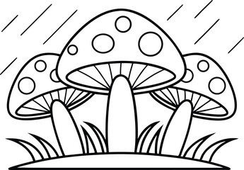 Three Outline Mushrooms with Rain and Grass on a Transparent Background Design
