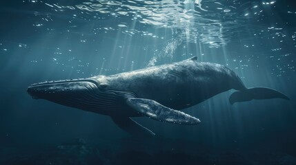 Obraz premium The picture of the blue whale is swimming in the ocean with the bright light of the sun, blue whale is the largest mammal animal known to have ever existed, both in terms of length and weight. AIG51.