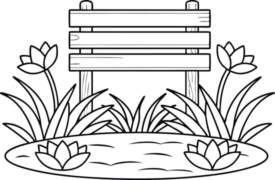 recommend clip art: Simple Outline of Wooden Sign with Water Lilies in Pond on Transparent Background
