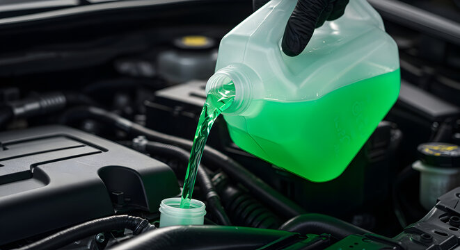 Filling Green Radiator Coolant Fluid Into Car Engine By Gloved Hand In Automotive Maintenance