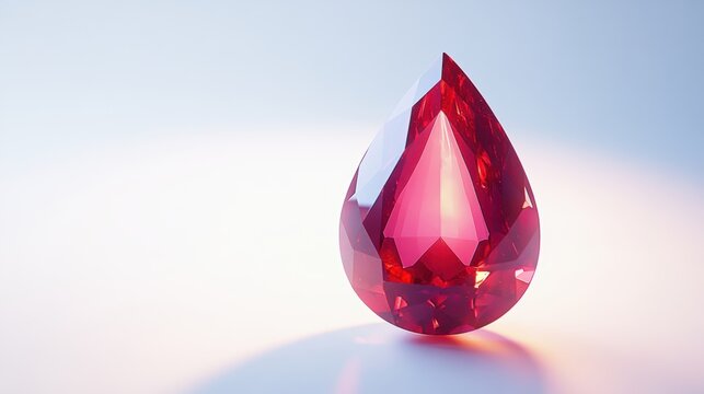 Detailed close-up of a pear-shaped ruby with high shine, isolated on white background