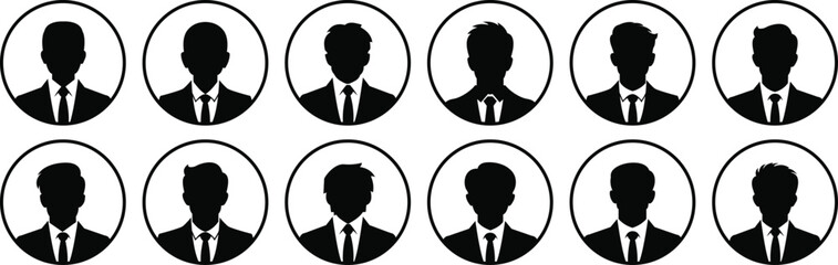 Professional businessman profile icons set. Portrait front view vector signs. Head and shoulders in formal wear with tie and court. Businessman faceless avatar isolated on transparent background.