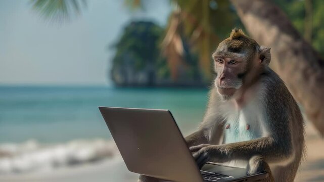 Monkey Using Laptop on Beach