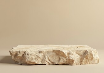 Beige stone platform.  A natural, textured stone slab sits on a beige background.  Ideal for showcasing products