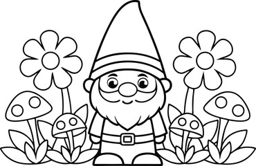 Cartoon garden gnome with beard wearing glasses outlined with flowers and mushrooms