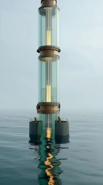 A futuristic Oscillating Water Column (OWC) wave energy generator stands in the ocean, its transparent vertical chambers capturing wave power. A clean energy innovation, sustainable marine technology
