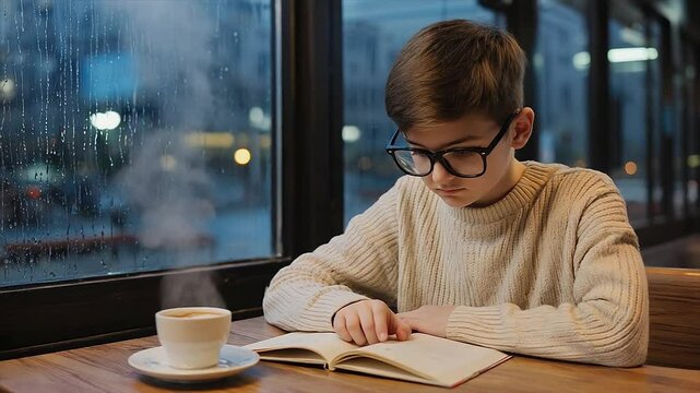 Boy alone at a neon-lit, urban caf&eacute; at night. Moody atmosphere, glowing screens, notebook sketches, 4k High-Quality background Animation Video