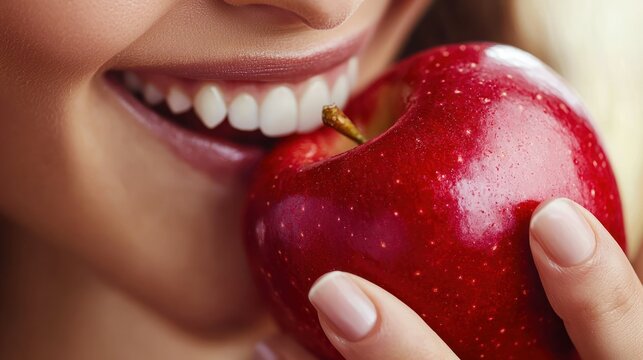 Biting into a crisp red apple with a close-up of teeth marks