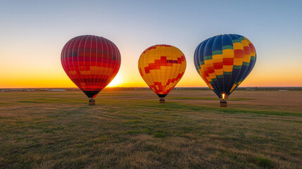 Naklejka premium Colorful hot air balloons rising at sunset in an open field 