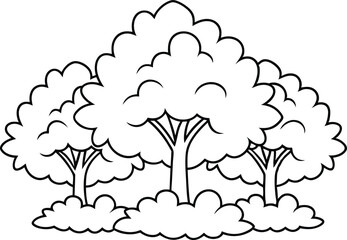 Black Outline Clipart with Cartoon Trees and Shrubs on Transparent Background